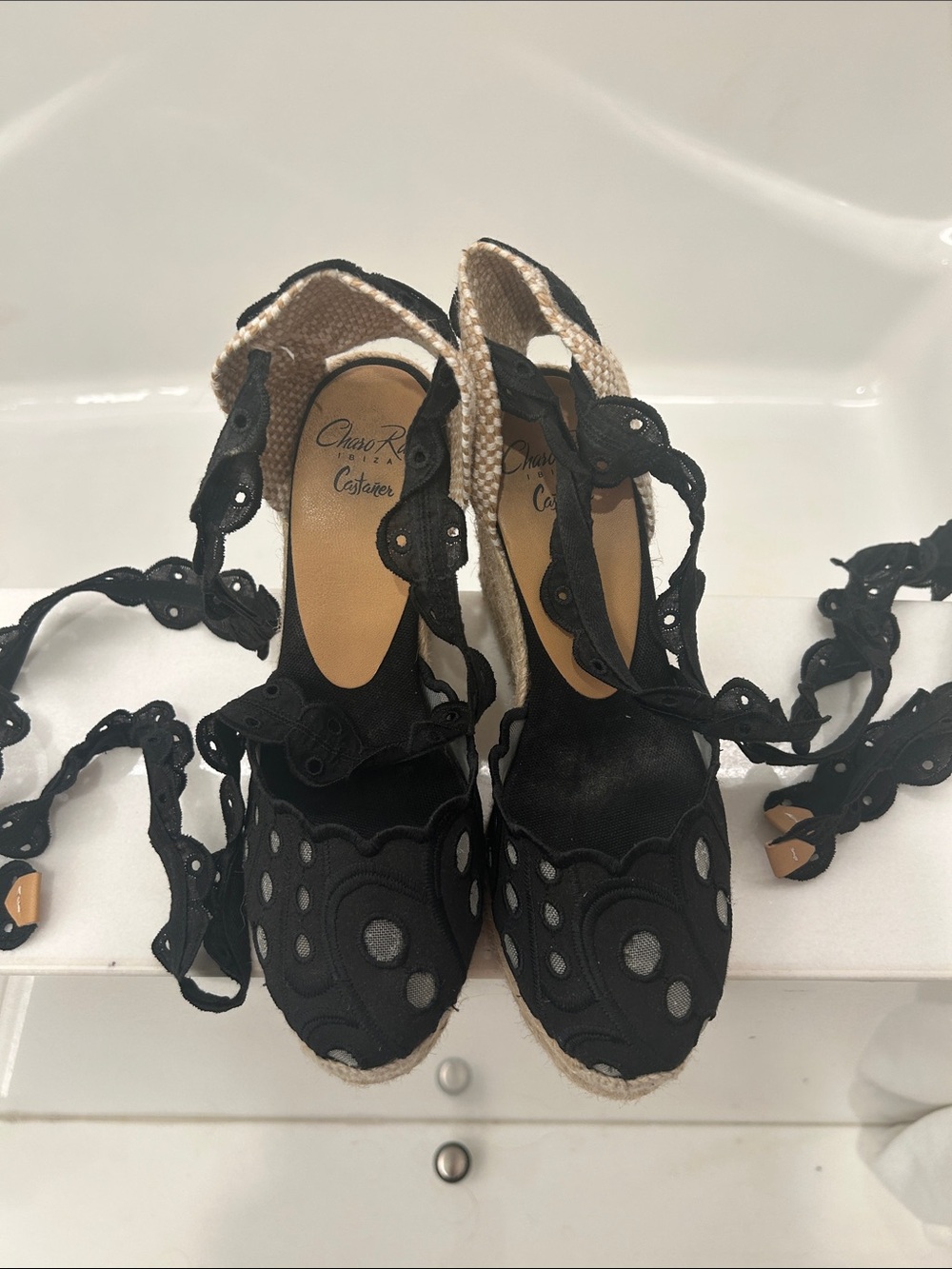 Castaner Black Lace-Up Cutout Espadrille Wedges